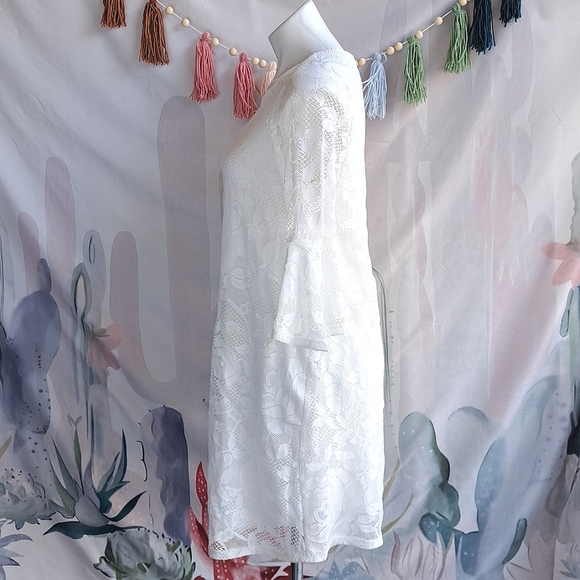 Nwot French Grey White Lace 3/4 Bell Sleeve Sheath Shift Dress L large casual - Picture 7 of 11